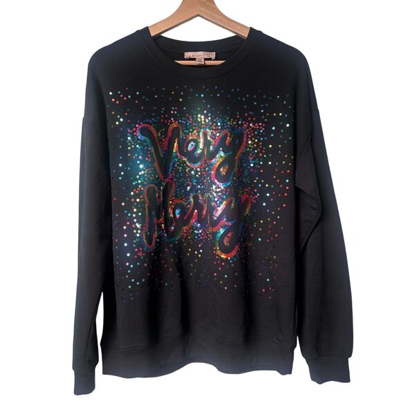 Philosophy Very Merry Sequin Black Sweatshirt Pullover Top Women's Medium - Picture 1 of 8